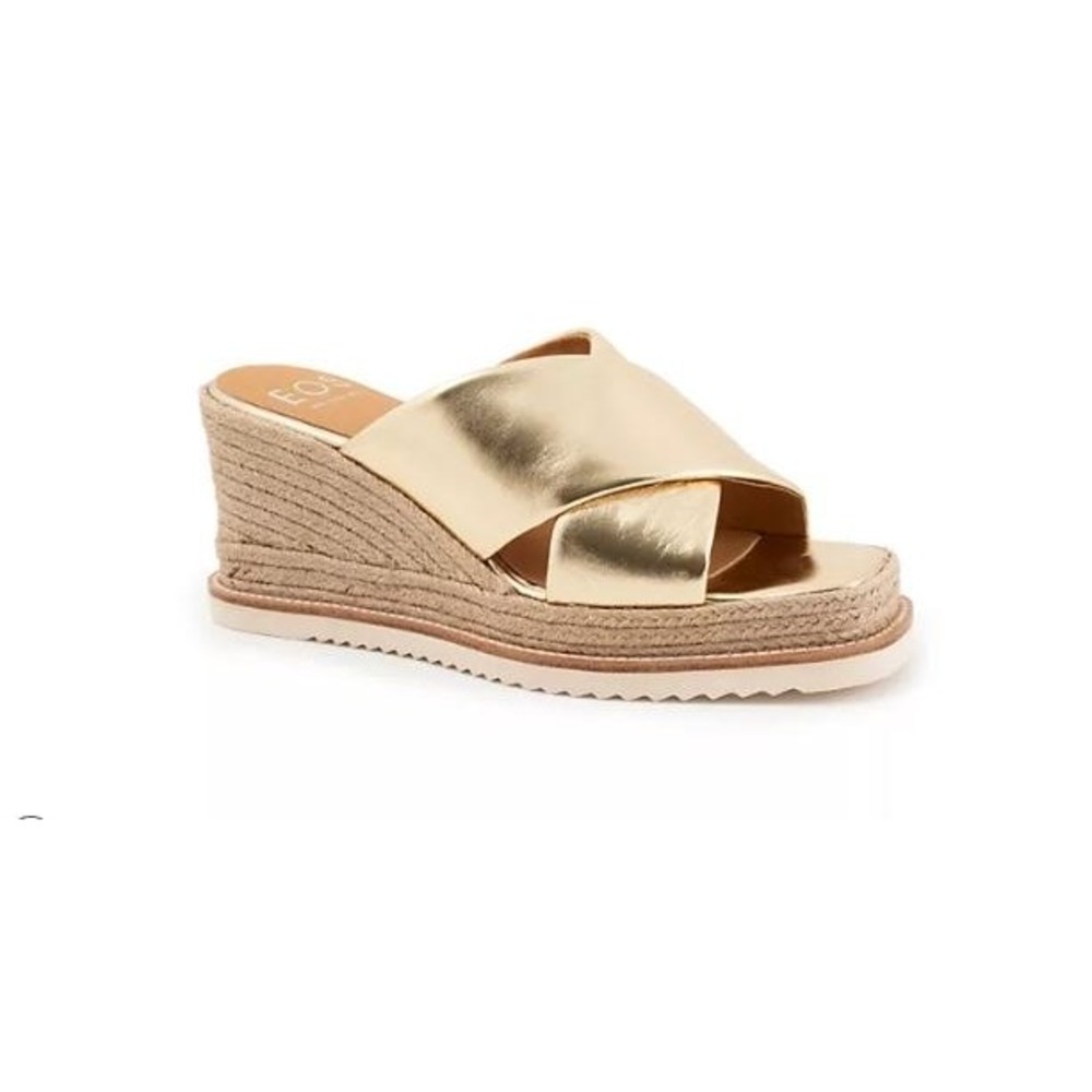 EOS Melbourne Zelie Gold Metallic Leather Espadrille Wedge Sandals 39 NWOT
